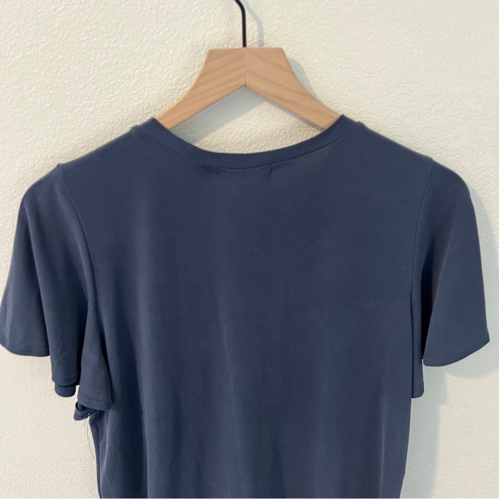 Green Envelop Soft Modal Blue V Neck Button Front Flutter Sleeve Popover Top - Picture 8 of 10